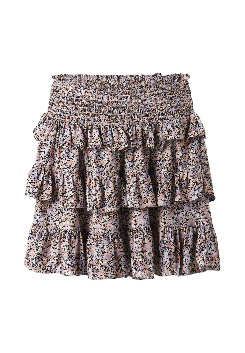Jupe à volants en imprimé floral avec une taille smockée. Présente des couleurs pastel, des couches froncées et un tissu léger et texturé.