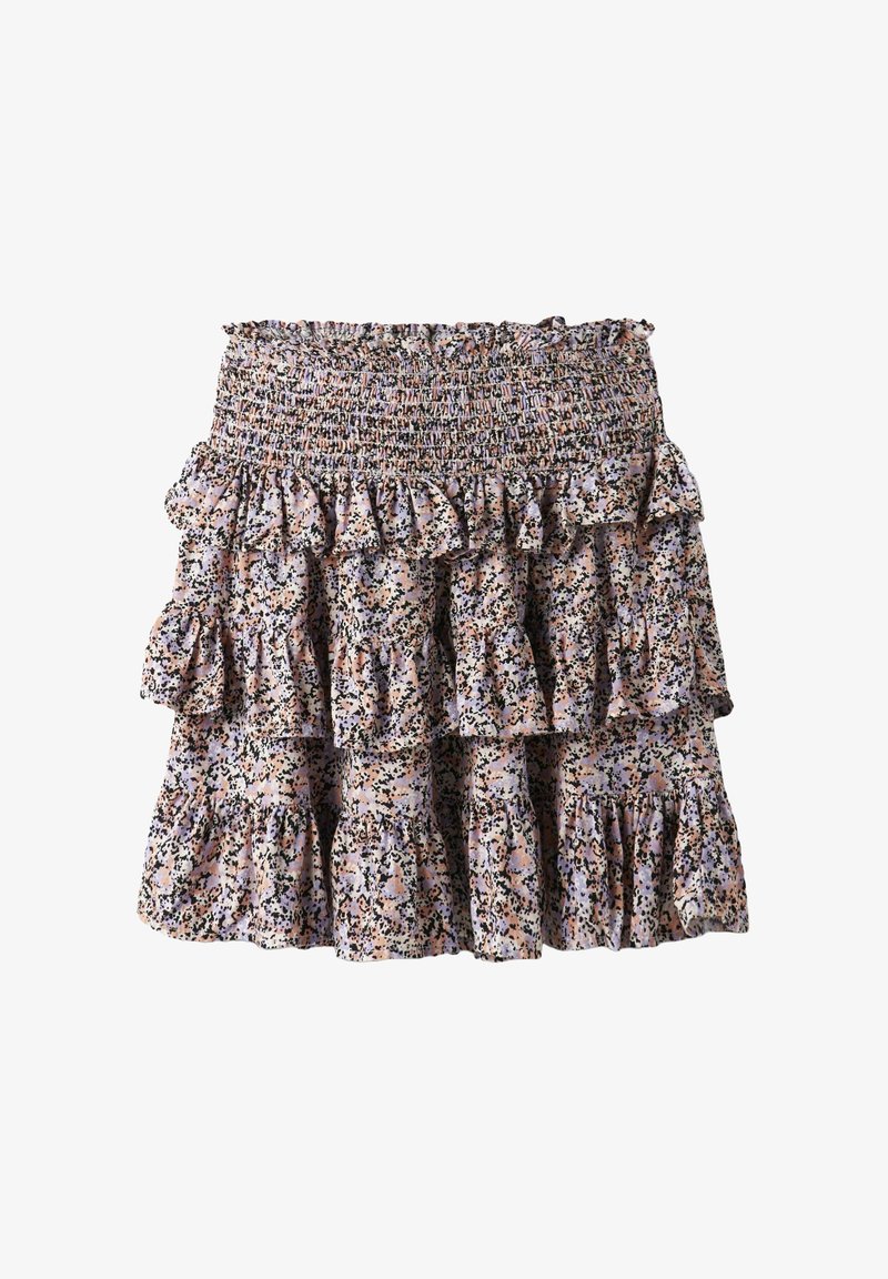 Bloemenprint gelaagde rok met een smocktail. Heeft pastelkleuren, gerimpelde lagen en een lichte, gestructureerde stof.