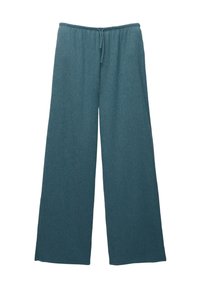 Pantalon à jambes larges en tissu texturé bleu sarcelle, doté d'une ceinture élastique avec cordon ajustable.