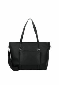 Sac fourre-tout en cuir noir avec deux poignées, une bandoulière amovible et une poche avant. Surface texturée et accents en métal argenté.