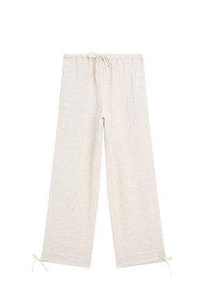 Lysebeige vidde bukser i hør med elastisk talje, bindebånd ved taljen og ved benenden, vist på hvid baggrund.