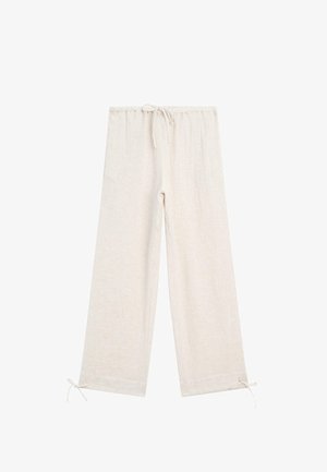 Lysebeige vidde bukser i hør med elastisk talje, bindebånd ved taljen og ved benenden, vist på hvid baggrund.