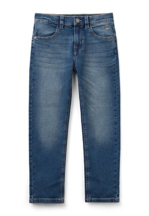 Niebieskie dżinsy z denimu z przednimi kieszeniami, szlufkami na pasek, zapięciem na guziki i wyblakłymi miejscami na udach i kolanach.
