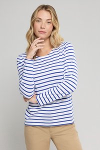 Langärmliges Oberteil mit blauen Streifen auf weißem Hintergrund, aus weichem Baumwollstoff gefertigt, mit rundem Halsausschnitt und lockerer Passform.