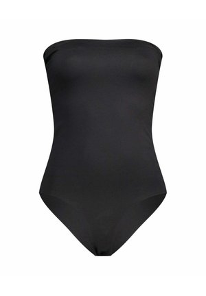 Zwart strapless eendelig badpak met een soepel, naadloos ontwerp en een matige beenuitsnede.