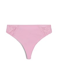 Pink thong with smooth fabric and lace side panels, featuring a seamless design and minimal elastic trim for a clean finish.