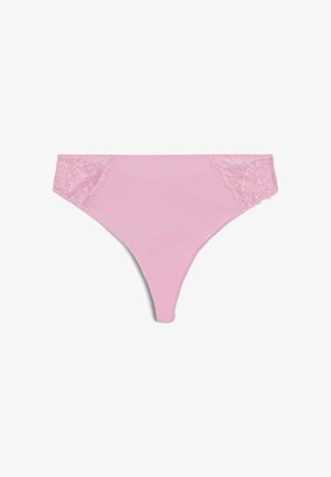Roze string van gladde stof met kanten zijpanelen, met een naadloos ontwerp en minimalistische elastische afwerking voor een nette afwerking.