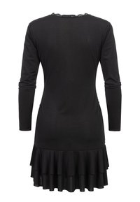 Schwarzes langärmliges Kleid mit rundem Ausschnitt; verfügt über einen strukturierten Spitzenakzent auf der Rückseite und einen ausgestellten Saum am unteren Rand.