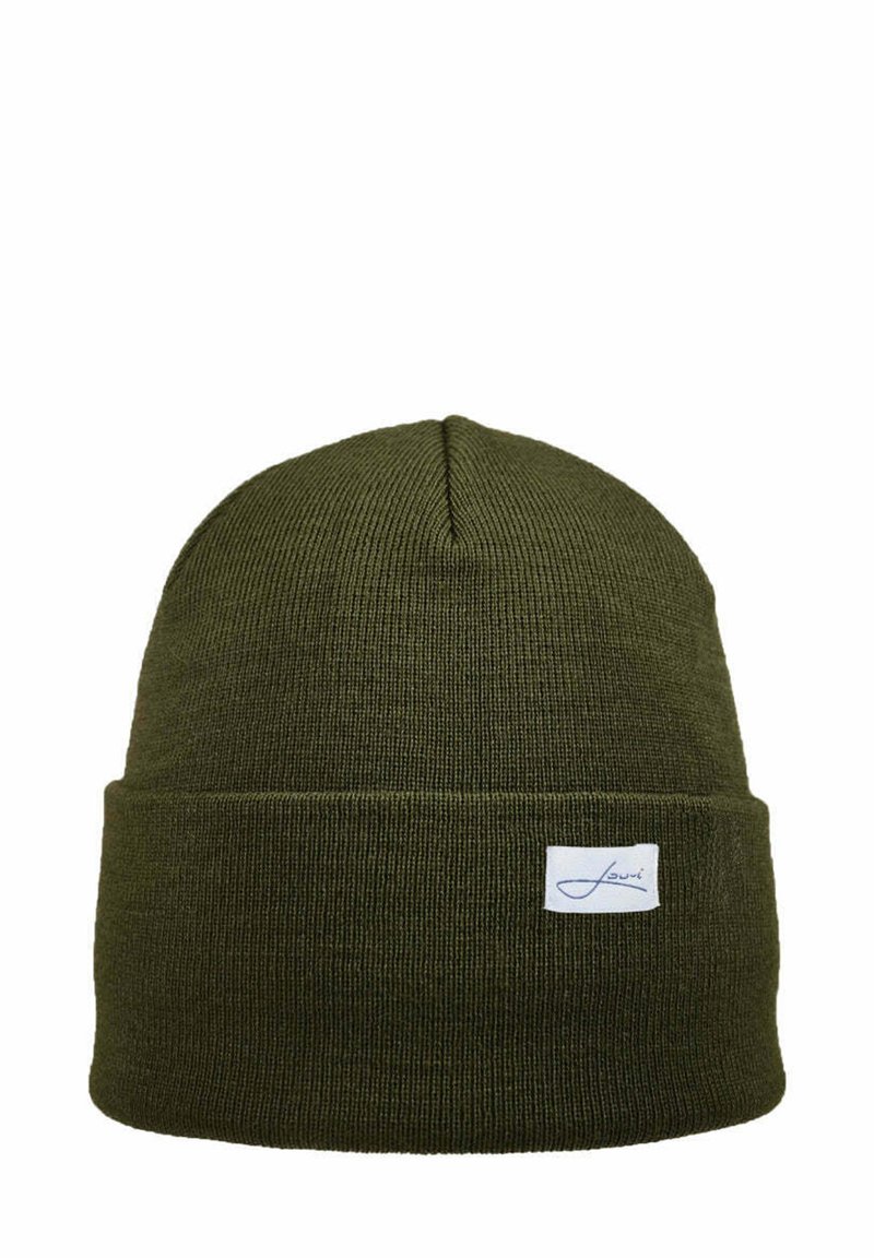Olive green knitted beanie hat with a rolled cuff. Features a small white label with blue text. Smooth texture and close-fitting design.