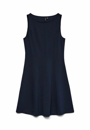 Robe sans manches bleu marine foncé en forme de A, avec encolure ronde, corsage ajusté et détails subtils de coutures verticales.