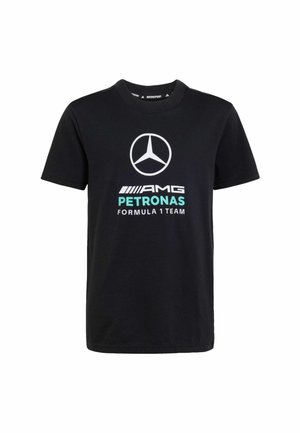 Camiseta negra de manga corta con el logo de la estrella de Mercedes-Benz y texto AMG Petronas Formula 1 Team en blanco y azul verdoso en la parte delantera.