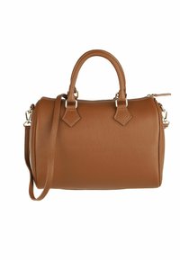 Bolso de cuero marrón con forma redondeada, que presenta asas superiores, una correa de hombro desmontable y sutiles detalles texturizados. Accesorios en oro.