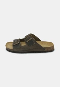 Sandali in pelle marrone con due fibbie regolabili, plantare in sughero e suola testurizzata. Nome del marchio "GRÜNLAND" impresso sul lato.