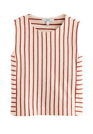 Bluzka bez rękawów w kolorze kremowym z wyrazistymi czerwonymi pionowymi paskami. Posiada okrągły dekolt i teksturowaną tkaninę dla dodatkowej głębi.