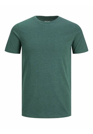 Camiseta de algodón de color verde oscuro con cuello redondo y mangas cortas. Textura suave, color sólido y diseño de ajuste regular.