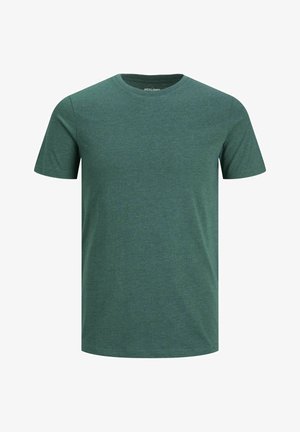 Dunkelgrünes Baumwoll-T-Shirt mit Rundhalsausschnitt und kurzen Ärmeln. Weiche Textur, einfarbig und mit regular Fit-Design.