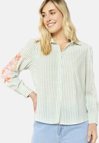 LolaLiza EMBROIDERED STRIPED - Button-down blouse - khaki mint