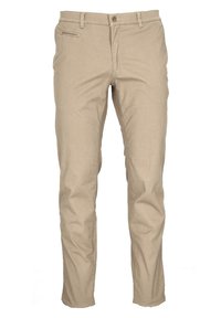 Chinos beiges à coupe ajustée, avec un devant plat, des poches latérales et une poche arrière unique, fabriqués en tissu léger en coton.