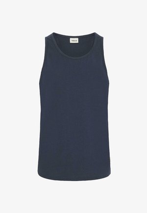 Navyblauwe mouwloze tanktop van katoen, met een ronde halslijn en een rechte zoom met een klein labelaccent aan de onderkant.