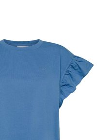 T-shirt azzurro chiaro con scollatura rotonda e maniche corte a balze, realizzata in tessuto morbido. Presenta un piccolo logo ricamato sul petto.