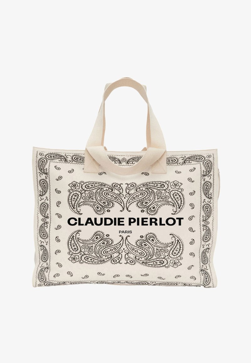 Bolso de lona en crema con patrón de cachemira negro. Cuenta con asas gruesas y un gran logo de la marca "CLAUDIE PIERLOT PARIS" en el centro.