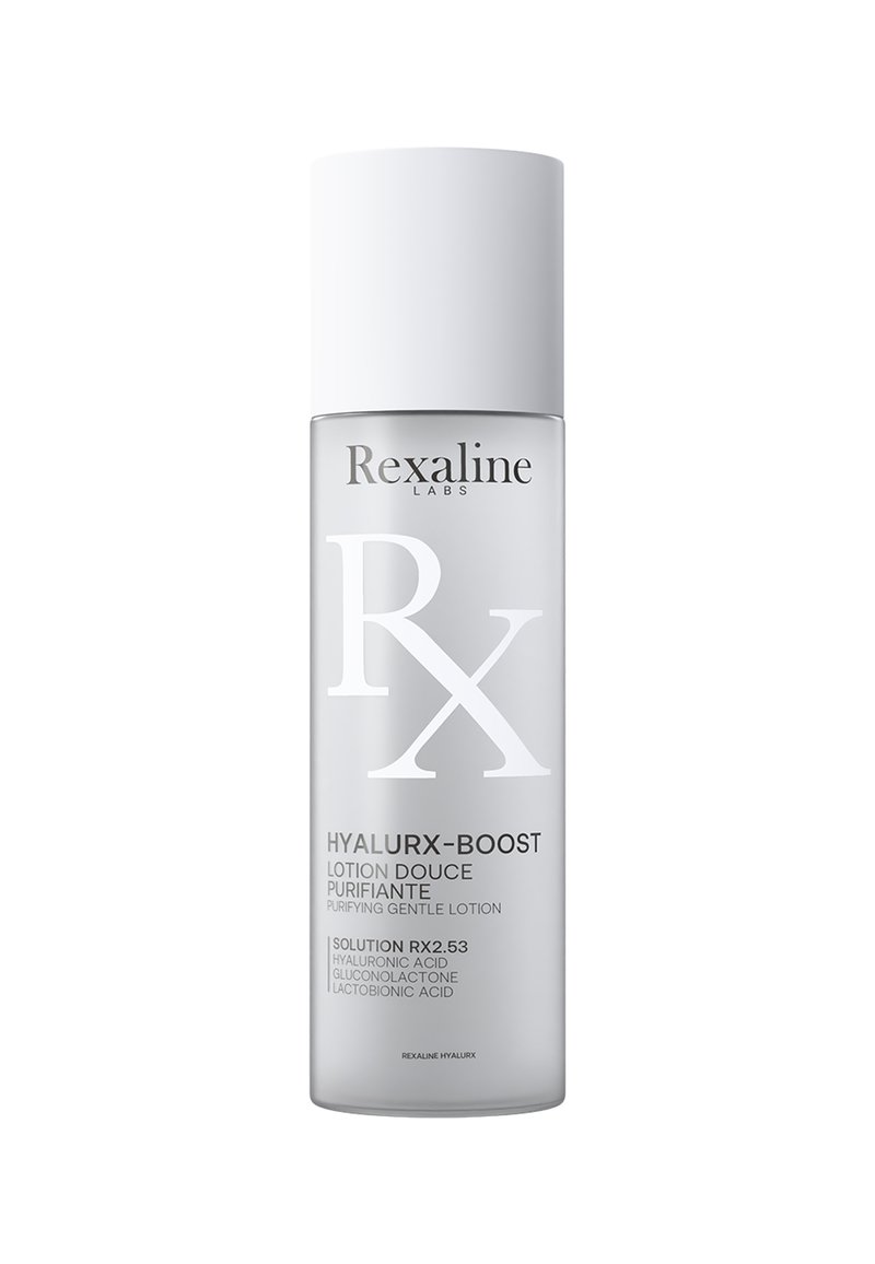 Transparente Plastikflasche mit einem weißen Deckel. Das Etikett zeigt "Rexaline Labs" und den Produktnamen "Hyalurx-Boost" in schwarzer Schrift.