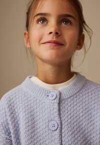 Hellblauer Strickcardigan mit einem strukturierten Muster, ausgestattet mit einem gerippten Kragen und zwei lavendelfarbenen Knöpfen an der Vorderseite. Weißes Innenhemd sichtbar.