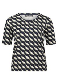 Korte mouwen top in marineblauw, crème en groen golvend patroon. Kenmerkt zich door een ronde halslijn en een geribbelde textuur. Label: Betty Barclay.