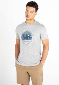 Camiseta de algodón gris con un gráfico circular de montaña y el texto "Mountain Apparel" y "Desde 2000". Diseño de manga corta y cuello redondo.
