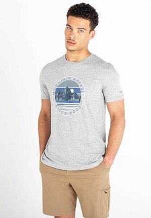 Camiseta de algodón gris con un gráfico circular de montaña y el texto "Mountain Apparel" y "Desde 2000". Diseño de manga corta y cuello redondo.