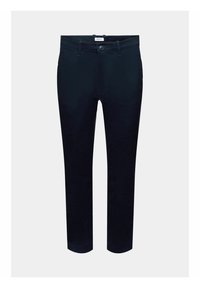 Pantalon slim bleu marine avec fermeture à bouton et zip, passants pour ceinture et poches avant, présenté sur un fond gris clair.
