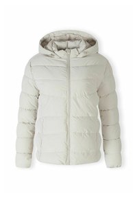Giacca a vento bianca con chiusura a zip, cappuccio e texture trapuntata con pannelli alternati. Materiale morbido e isolante per il calore.