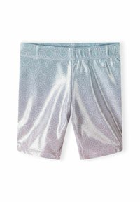 Shorts de baignade métalliques brillants présentant un dégradé allant du bleu clair à l'argent, ornés d'un motif de vagues subtil. Ceinture élastique pour un ajustement optimal.