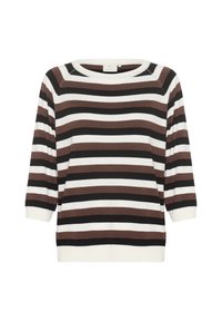 Pull rayé à manches trois-quarts, présentant des lignes horizontales marron, noir et blanc. Texture en tricot doux avec un décolleté large.