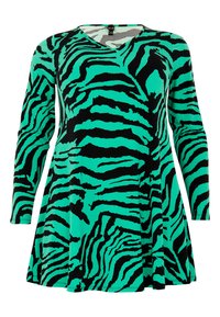 Grünes Kleid mit Zebrastreifen, langen Ärmeln und V-Ausschnitt. Hergestellt aus weichem Stoff, mit ausgestellter Silhouette und auffälligen schwarzen Akzenten.