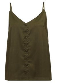 Oliivinvihreä toppi, jossa on ohuet hihnat, V-pääntie ja etupainon yksityiskohtia pitkin pituutta. Sileä kangas, jossa on hienovarainen kiilto.