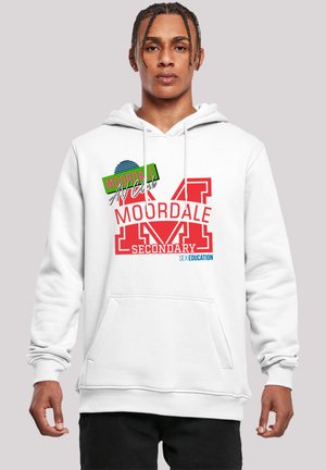 White hoodie with red graphics, including "MOORDALE SECONDARY" and "SEX EDUCATION." Features a front pocket and adjustable hood strings.