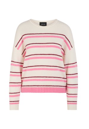 Cremefarbener Pullover mit breiten rosa und dunkelbraunen Streifen. Gerippter Saum und Bündchen. Leichtes Material, Rundhalsausschnitt und überschnittene Schultern.
