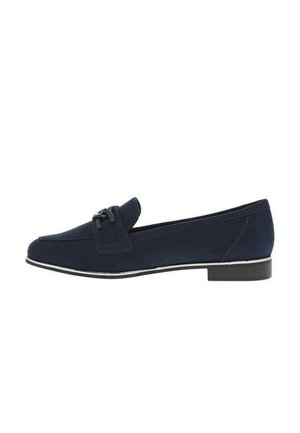 Mocassins bleu marine avec une finition en faux daim lisse, dotés d'un accent en nœud et d'un fin liseré blanc le long de la semelle. Petit talon carré.