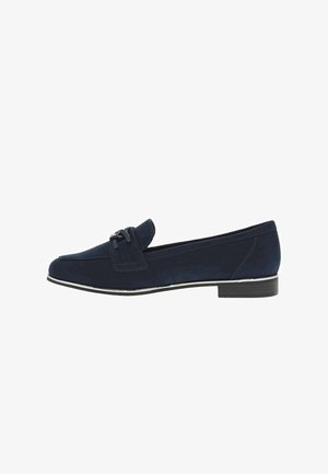 Mocassins bleu marine avec une finition en faux daim lisse, dotés d'un accent en nœud et d'un fin liseré blanc le long de la semelle. Petit talon carré.