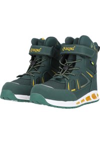 Dunkelgrüne Knöchelstiefel mit gelben Akzenten, Netzeinsätzen und strukturierter Oberfläche. Mit einem Klettverschlussriemen und einer gummierten Sohle mit Polsterung.