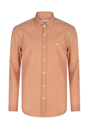 Camicia a maniche lunghe con bottoni in tessuto pesca, caratterizzata da un colletto classico, bottoni in perla e un sottile logo di uccello sul petto.