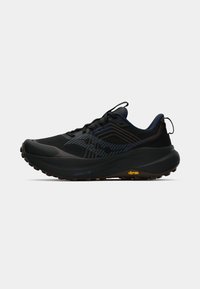 Svarte treningssko med teksturert mesh-overdel og polstret såle. Har Vibram yttersåle, kontrastfargede blå detaljer, og snøring.