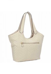 Borsa a spalla trapuntata di color crema con motivo a zigzag, spallacci doppi e tasca frontale con zip dorata.
