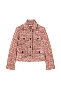 Červená a růžová tvídová bunda s límečkem, dvouřadým zapínáním, čtyřmi kapsami a černými knoflíky. Texturovaná látka s tkaným vzorem.