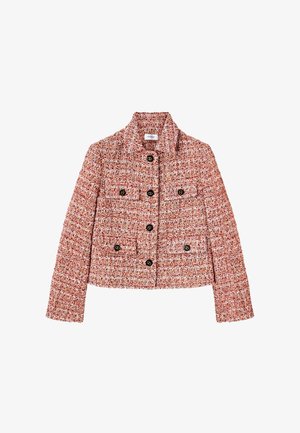 Rood en roze tweedjas met een kraag, dubbele knopenrij aan de voorkant, vier zakken en zwarte knopen. Textiel met een geweven patroon.