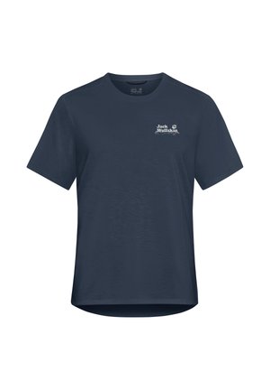 Navy blue short-sleeve T-shirt made of fabric with a smooth texture. Features a small white logo on the chest. Classic round neckline.
