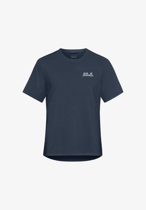 Navy blue short-sleeve T-shirt made of fabric with a smooth texture. Features a small white logo on the chest. Classic round neckline.
