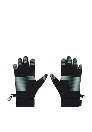 Pair of black gloves with light blue horizontal stripes on fingers and back of hands, featuring wrist cuffs and small attached loops.