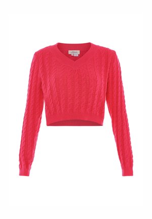 Tætsiddende, cropped pullover i lys pink. Har V-hals og struktureret kabelstrik. Lange ærmer med ribkant.